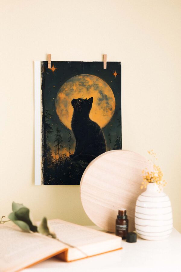 Dolunayda Siyah Kedi – Gotik Stil Ahşap Poster