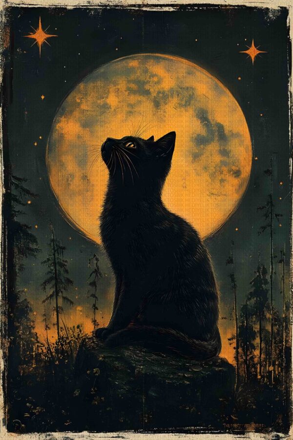 Dolunayda Siyah Kedi – Gotik Stil Ahşap Poster