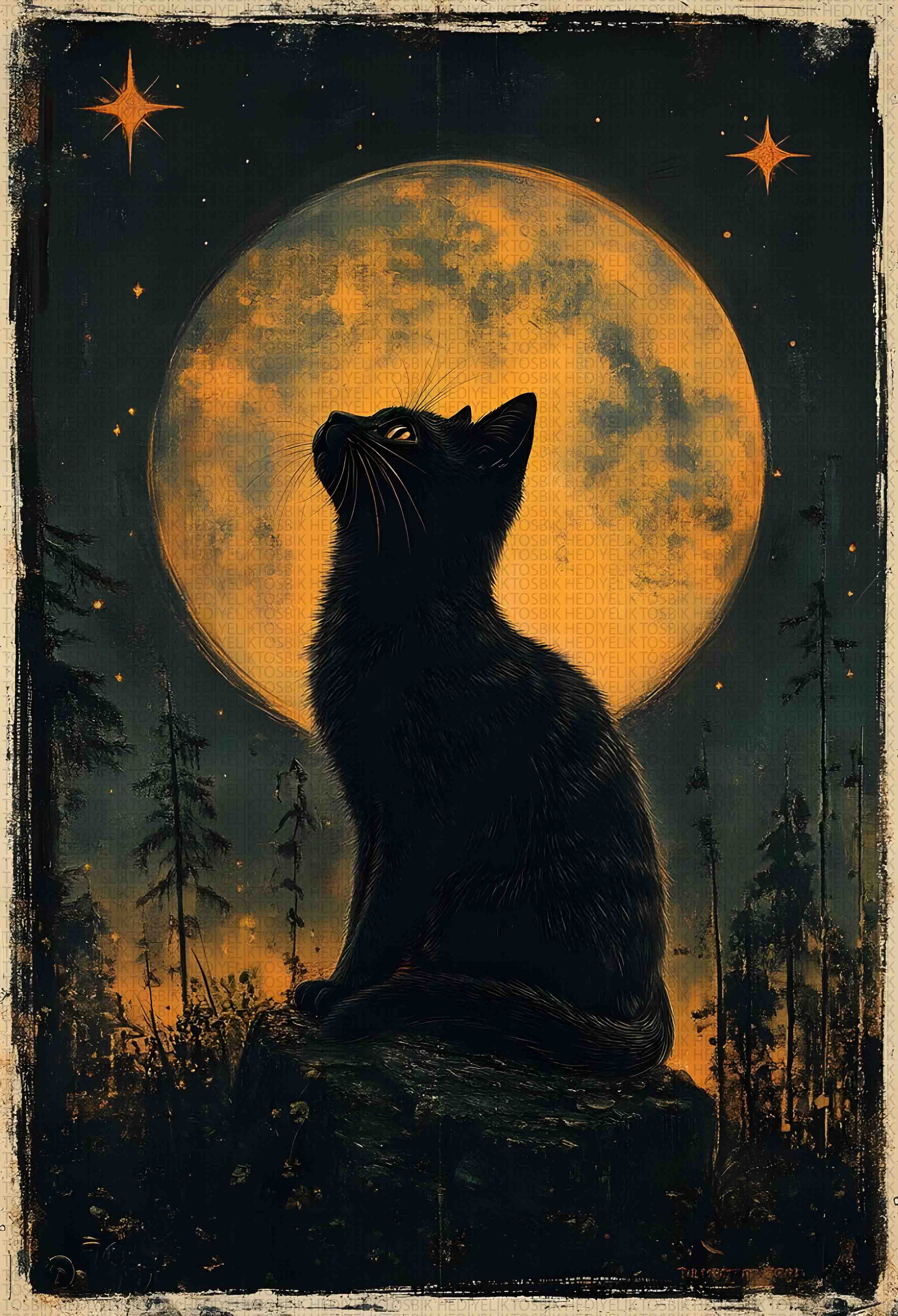 Dolunayda Siyah Kedi – Gotik Stil Ahşap Poster