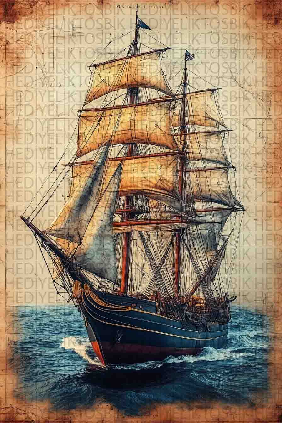 Retro Yelkenli Gemi – Vintage Ahşap Poster