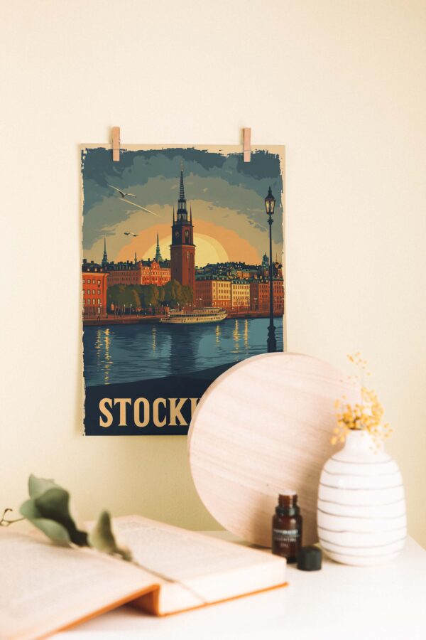 Stockholm Gün Batımı – Retro Şehir Temalı Ahşap Poster