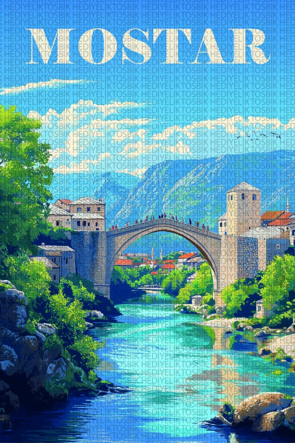 Mostar Köprüsü – Retro Şehir ve Doğa Temalı Ahşap Poster