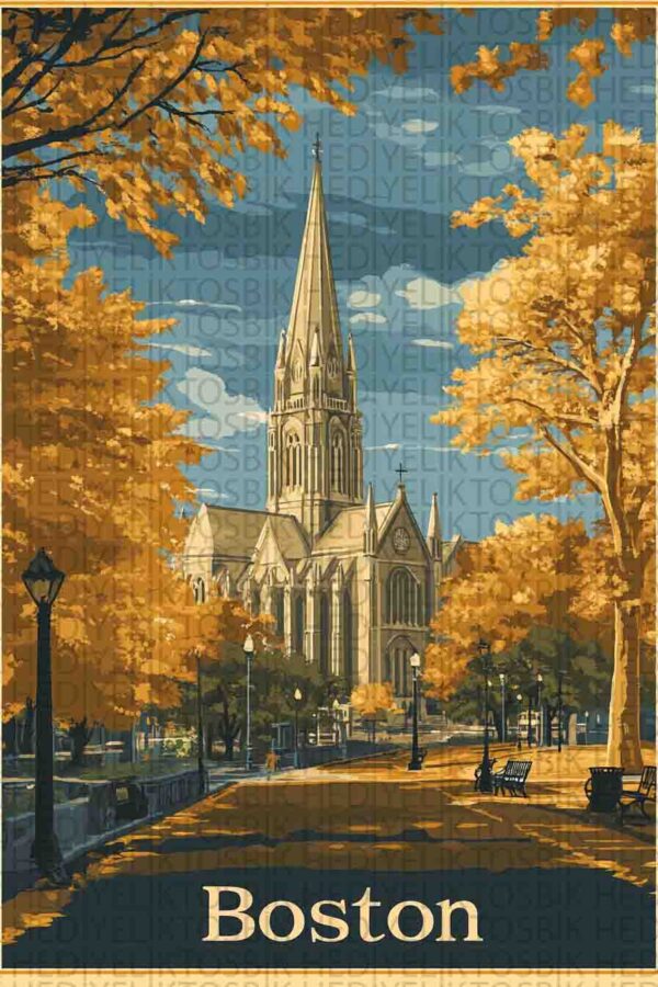 Boston’da Sonbahar – Retro Şehir Temalı Ahşap Poster