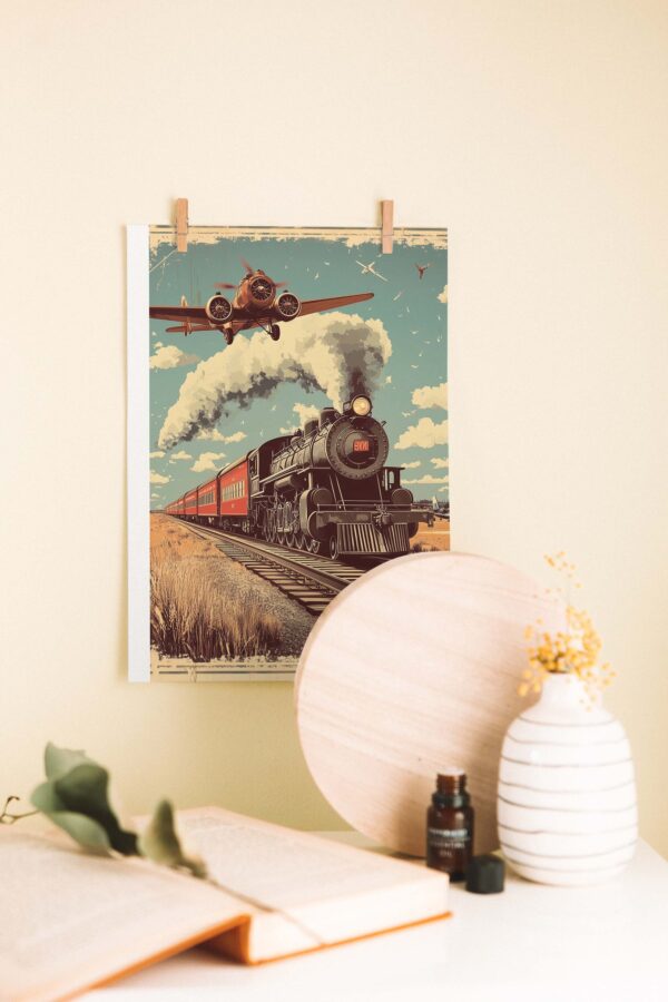 Tren ve Uçak – Retro Ulaşım Temalı Ahşap Poster
