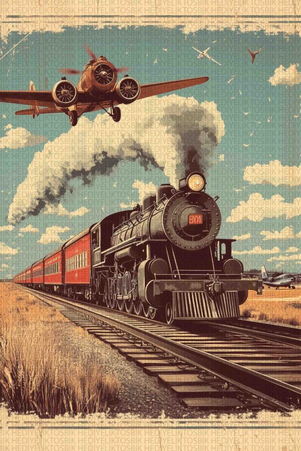 Tren ve Uçak – Retro Ulaşım Temalı Ahşap Poster