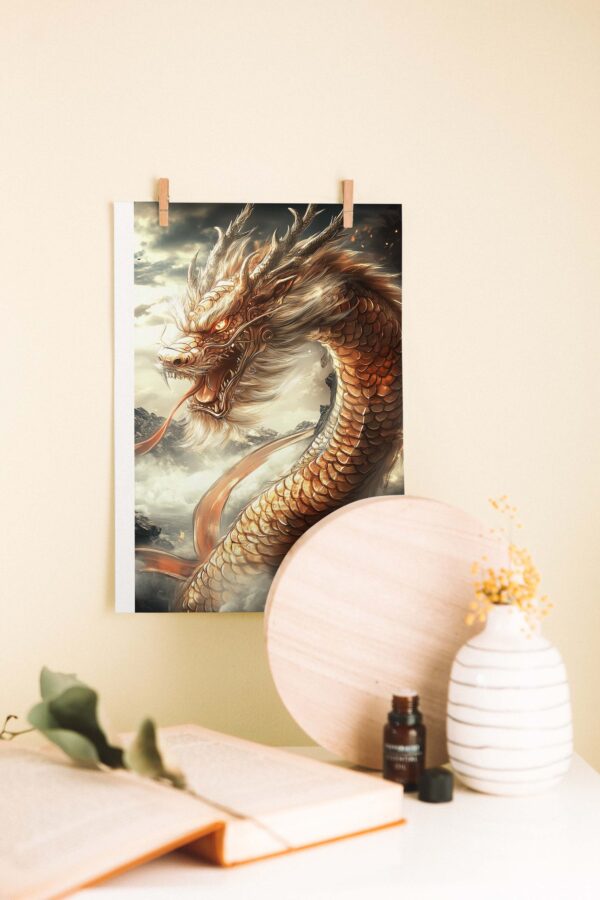 Altın Ejderha – Doğu Mitolojisi Temalı Fantastik Ahşap Poster