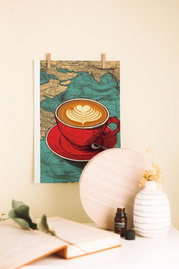 Kahve ve Yolculuk – Harita Temalı Vintage Ahşap Poster