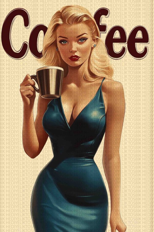 Retro Kahve Güzeli – Vintage Pin-Up Ahşap Poster