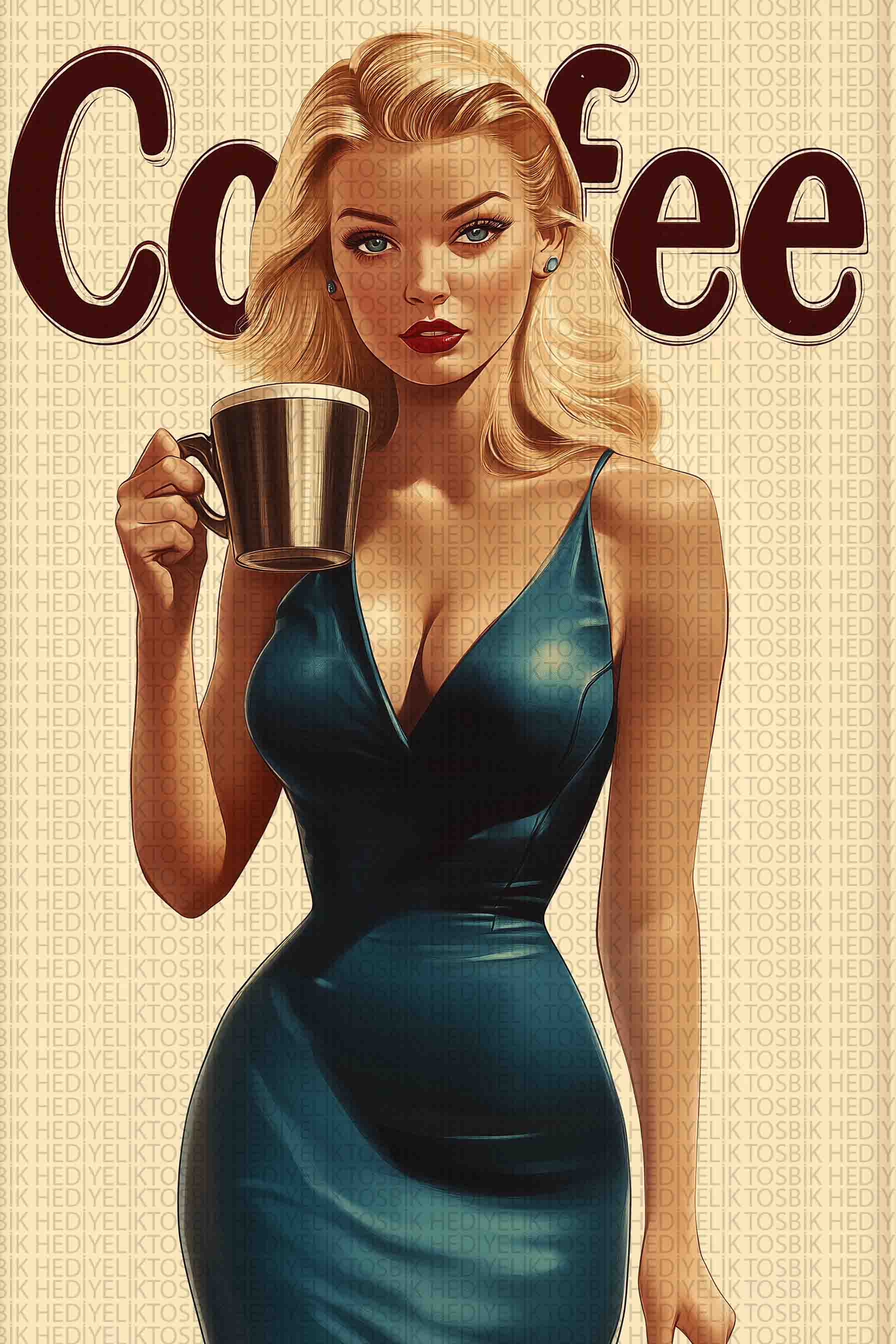 Retro Kahve Güzeli – Vintage Pin-Up Ahşap Poster