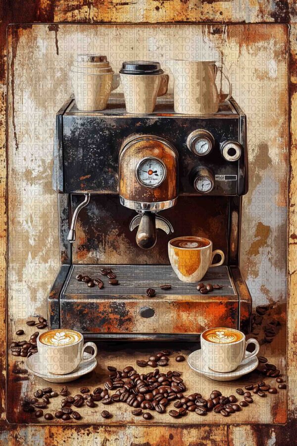 Rustik Kahve Makinesi – Retro Ahşap Poster