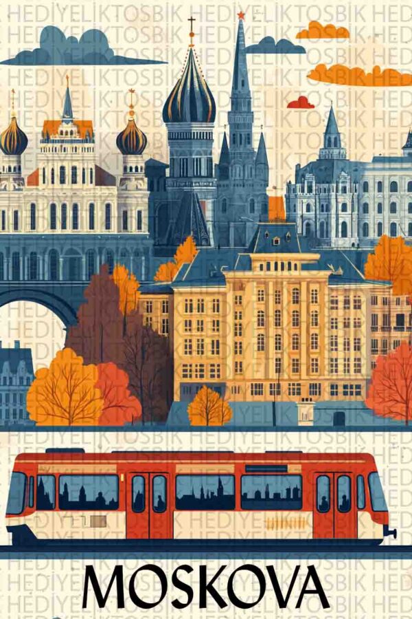Moskova Şehir Silüeti – Retro Ahşap Duvar Posteri