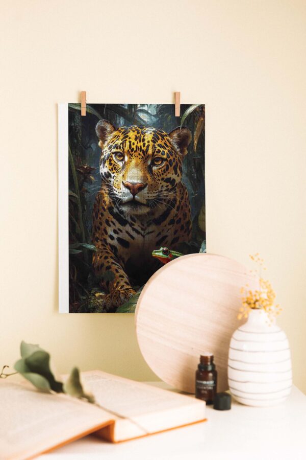 Jaguar ve Kurbağa – Tropikal Doğa Ahşap Poster
