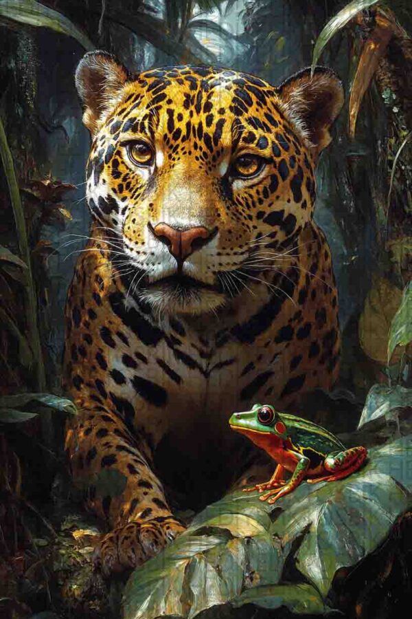 Jaguar ve Kurbağa – Tropikal Doğa Ahşap Poster