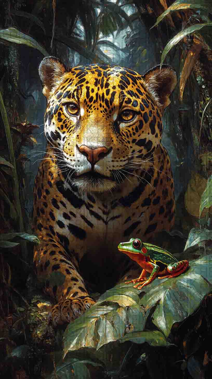 Jaguar ve Kurbağa – Tropikal Doğa Ahşap Poster