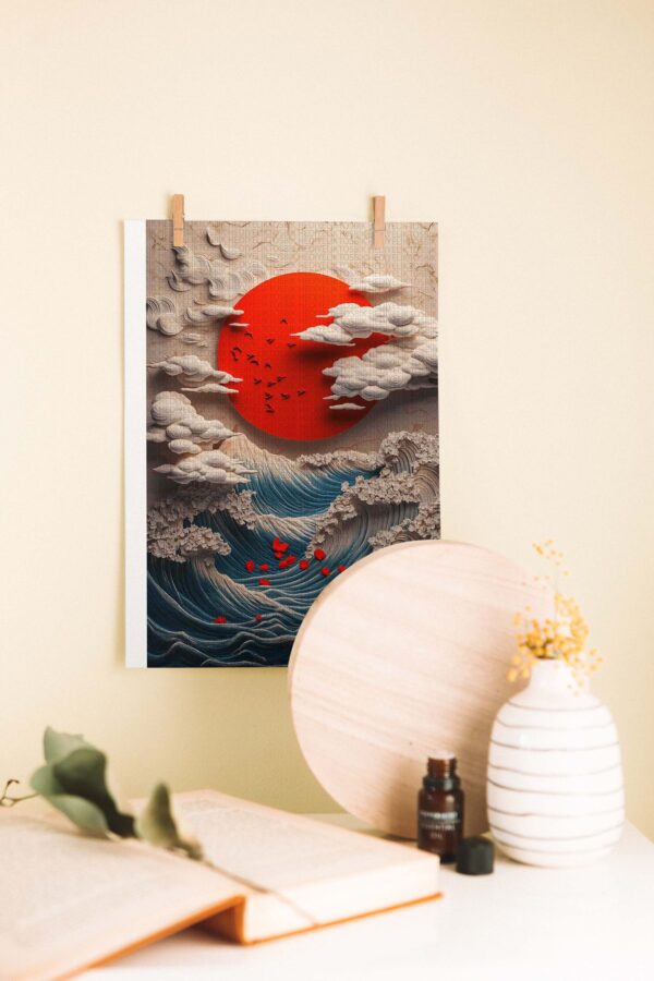 Yükselen Güneşin Dalgaları – Sanatsal Ahşap Poster