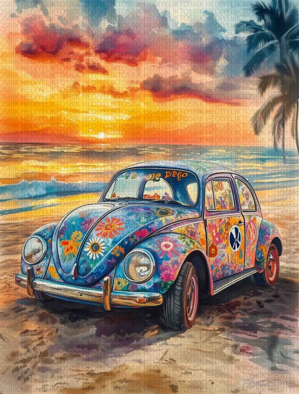 Hippie Vosvos ve Gün Batımı – Bohem Tarzı Ahşap Poster