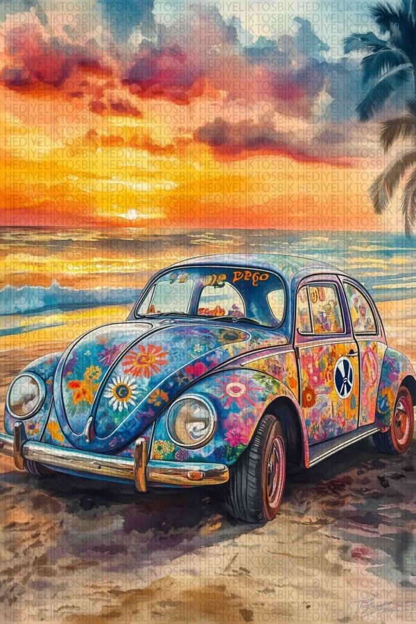 Hippie Vosvos ve Gün Batımı – Bohem Tarzı Ahşap Poster