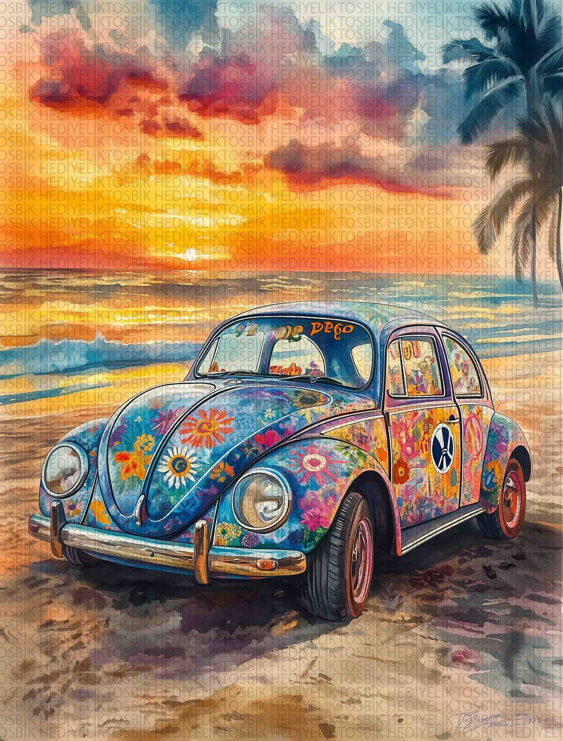 Hippie Vosvos ve Gün Batımı – Bohem Tarzı Ahşap Poster