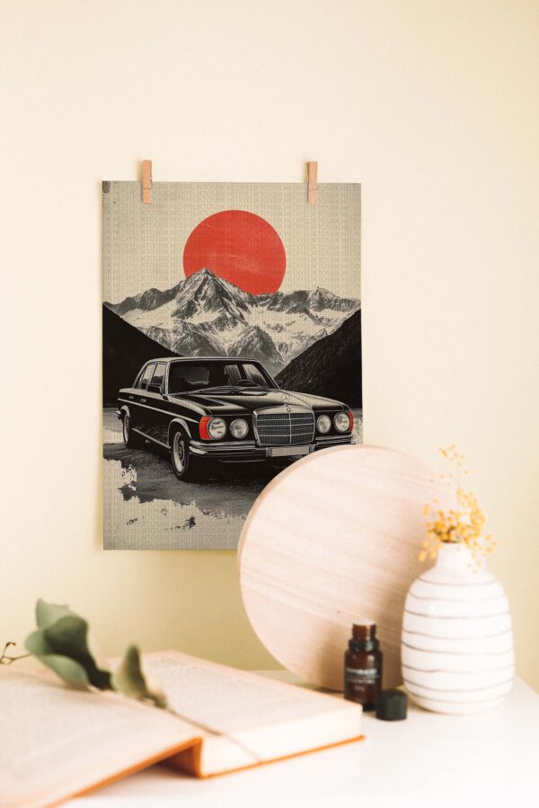 Kırmızı Güneş Altında Klasik Mercedes – Retro Ahşap Poster