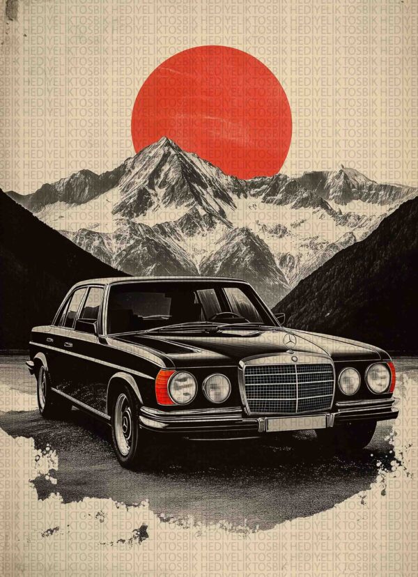 Kırmızı Güneş Altında Klasik Mercedes – Retro Ahşap Poster