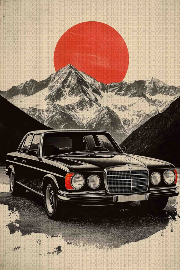 Kırmızı Güneş Altında Klasik Mercedes – Retro Ahşap Poster