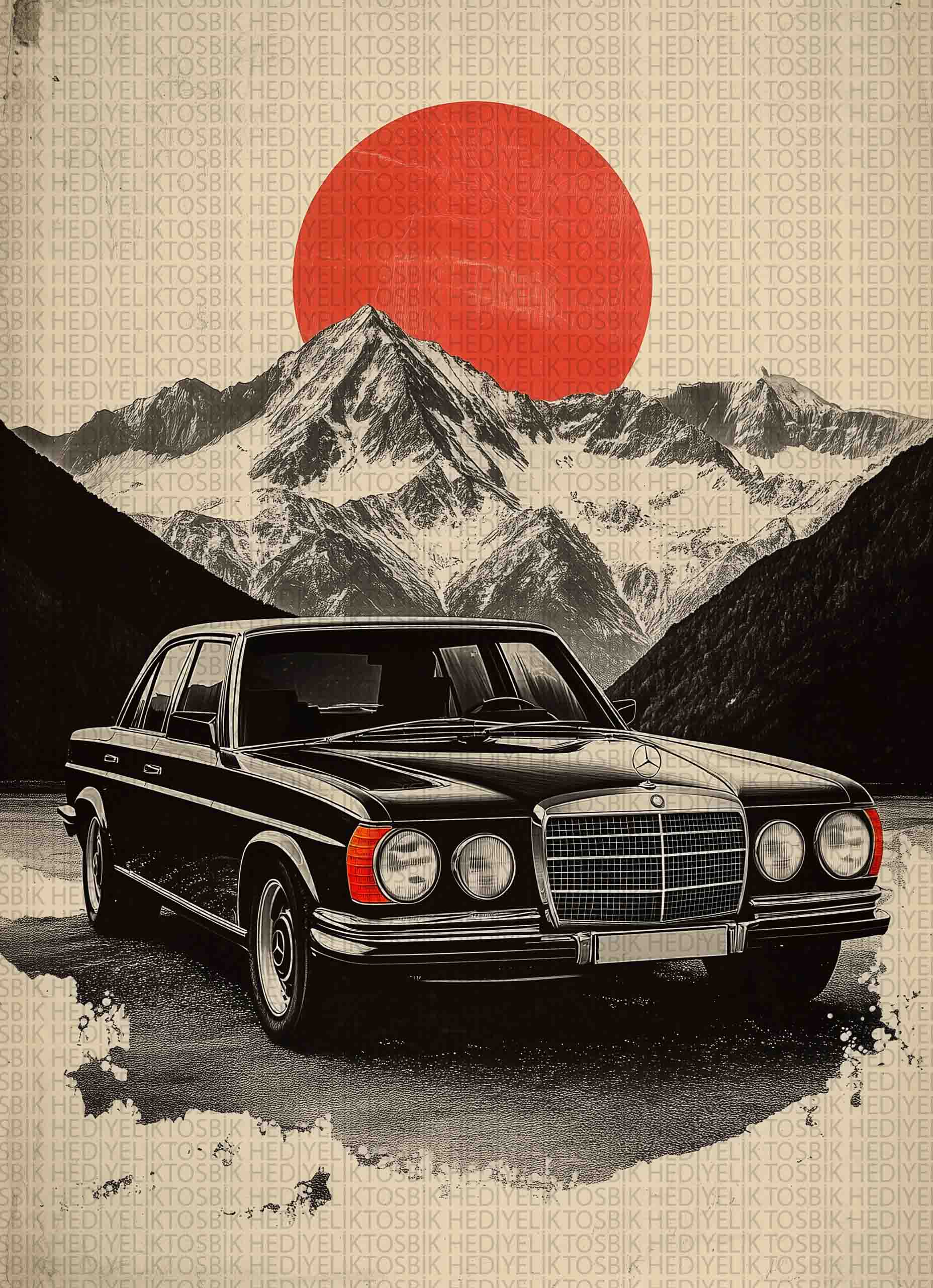 Kırmızı Güneş Altında Klasik Mercedes – Retro Ahşap Poster