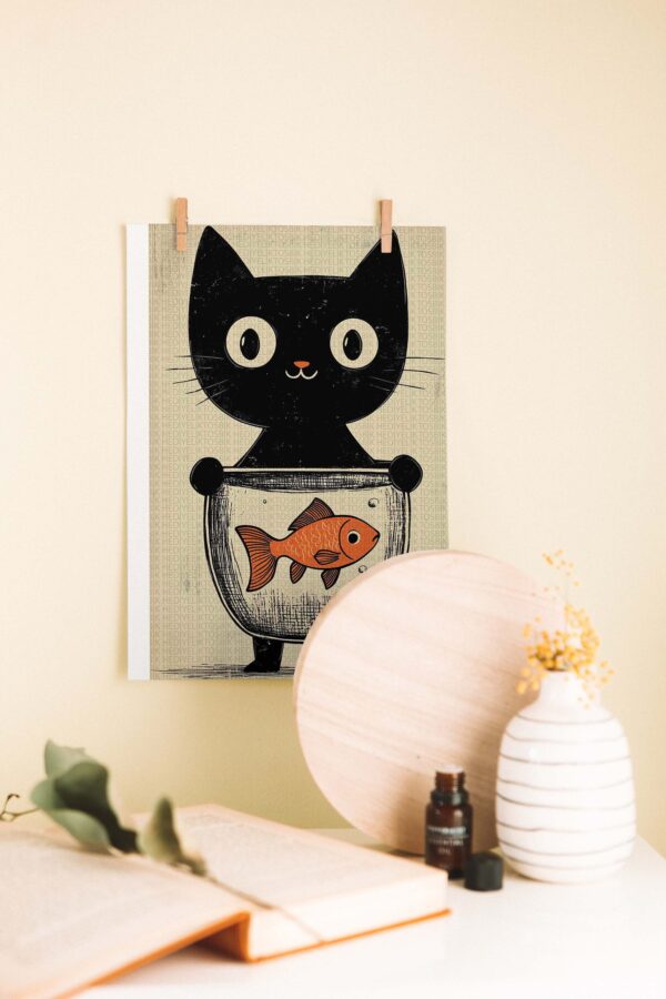 Balık Sever Kedi – Esprili Ahşap Poster