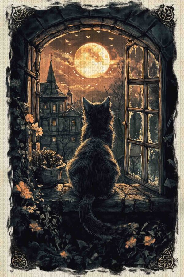 Ay Işığında Bekleyiş – Gotik Kedi Temalı Ahşap Poster