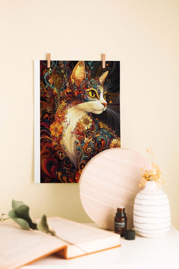 Çiçekli Gözler – Sanatsal Renkli Kedi Temalı Ahşap Poster
