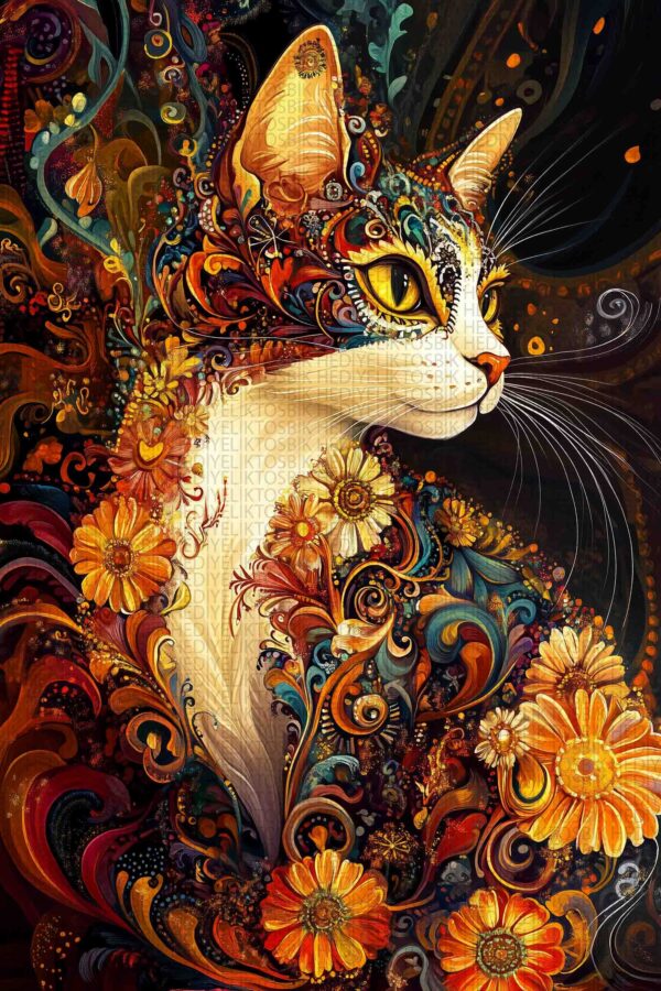 Çiçekli Gözler – Sanatsal Renkli Kedi Temalı Ahşap Poster