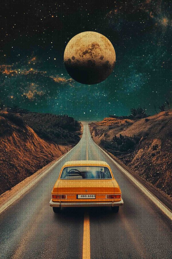 Ay’a Yolculuk – Retro Araba ve Uzay Temalı Ahşap Poster