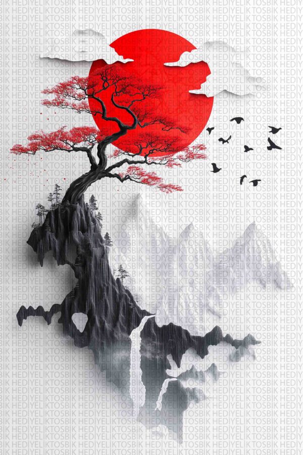 Kızıl Gün – Minimal Japon Tarzı Ahşap Poster