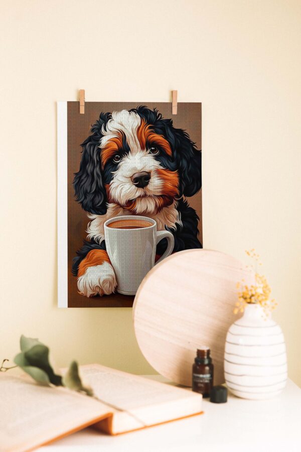 Köpek ve Kahve – Sevimli Ahşap Poster