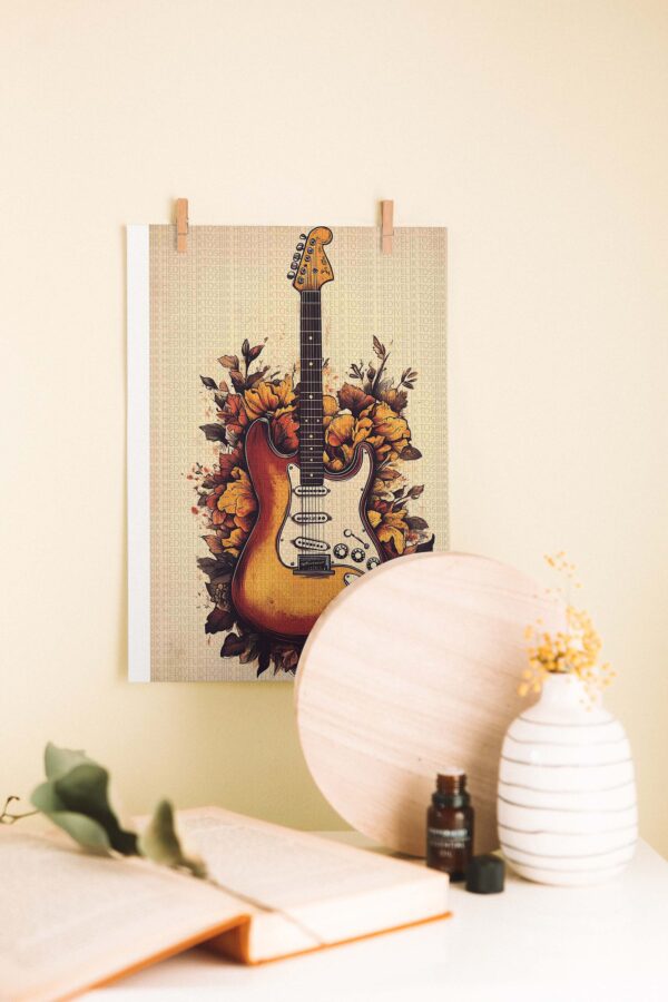 Çiçekli Riff – Retro Elektro Gitar Ahşap Poster