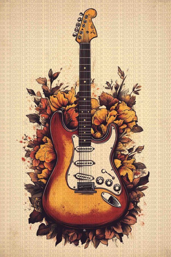 Çiçekli Riff – Retro Elektro Gitar Ahşap Poster