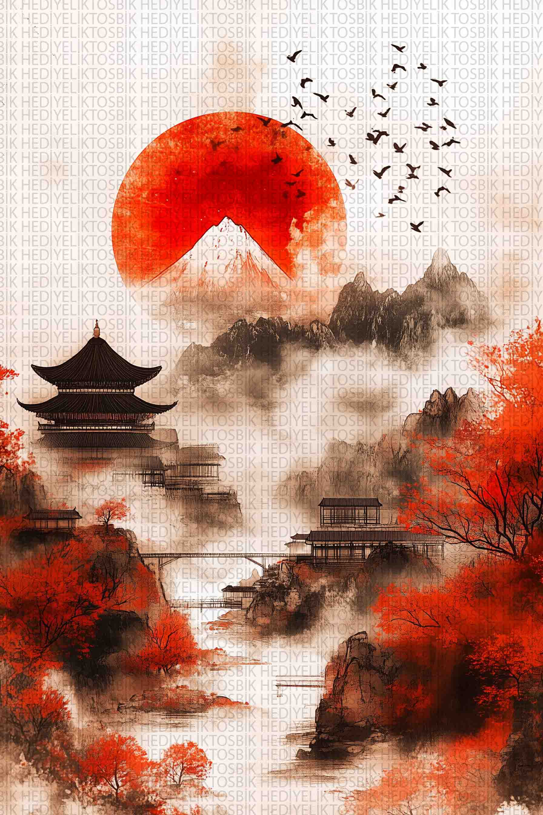 Fuji’nin Gölgesinde – Japon Manzara Ahşap Poster