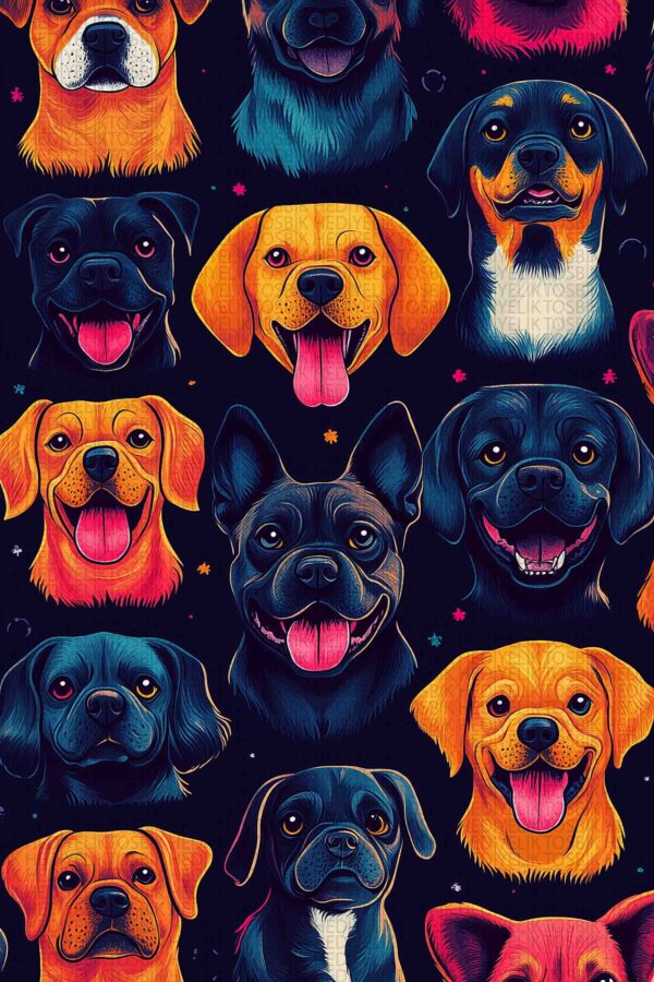 Mutlu Pati Portreleri – Renkli Köpekler Ahşap Poster