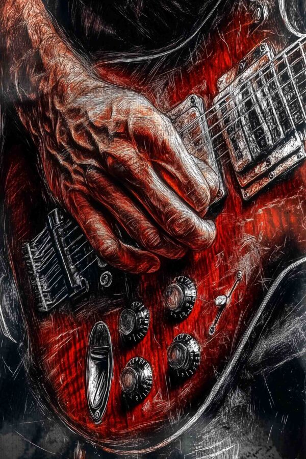 Rock Ruhu – Kırmızı Elektro Gitar Temalı Dekoratif Ahşap Poster