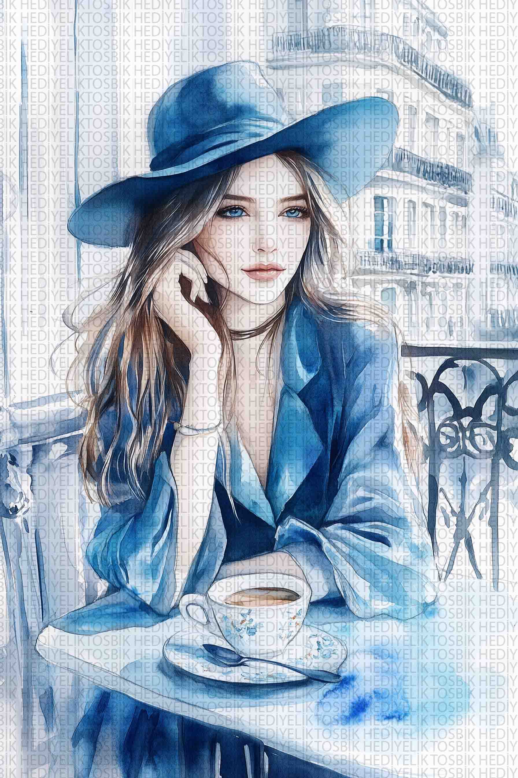 Paris’te Bir Kahve – Romantik Kadın Portresi Ahşap Poster
