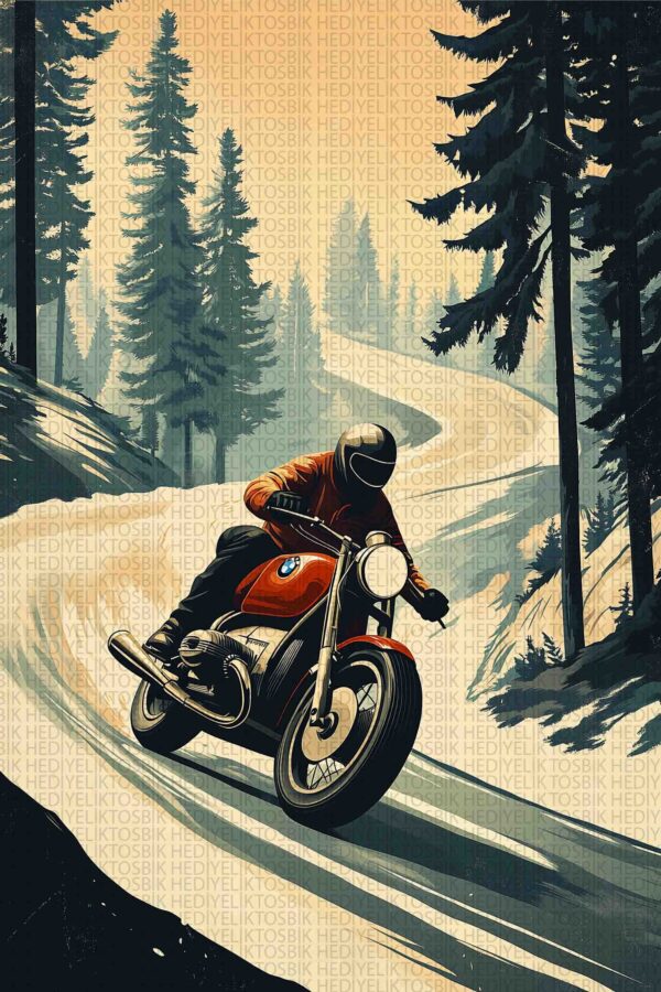 Retro Motosiklet Orman Yolculuğu – Vintage Ahşap Poster