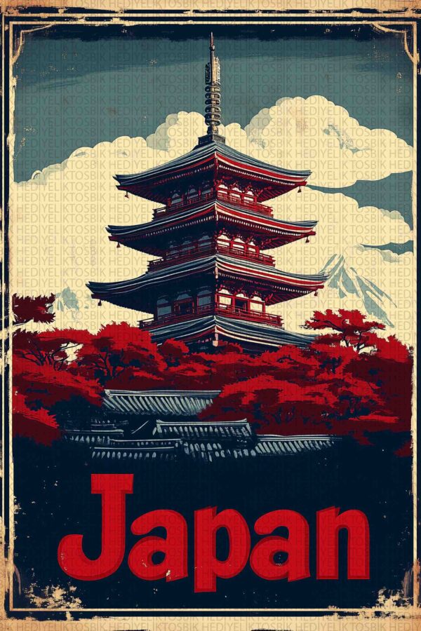 Japon Tapınağı – Retro Seyahat Temalı Ahşap Poster