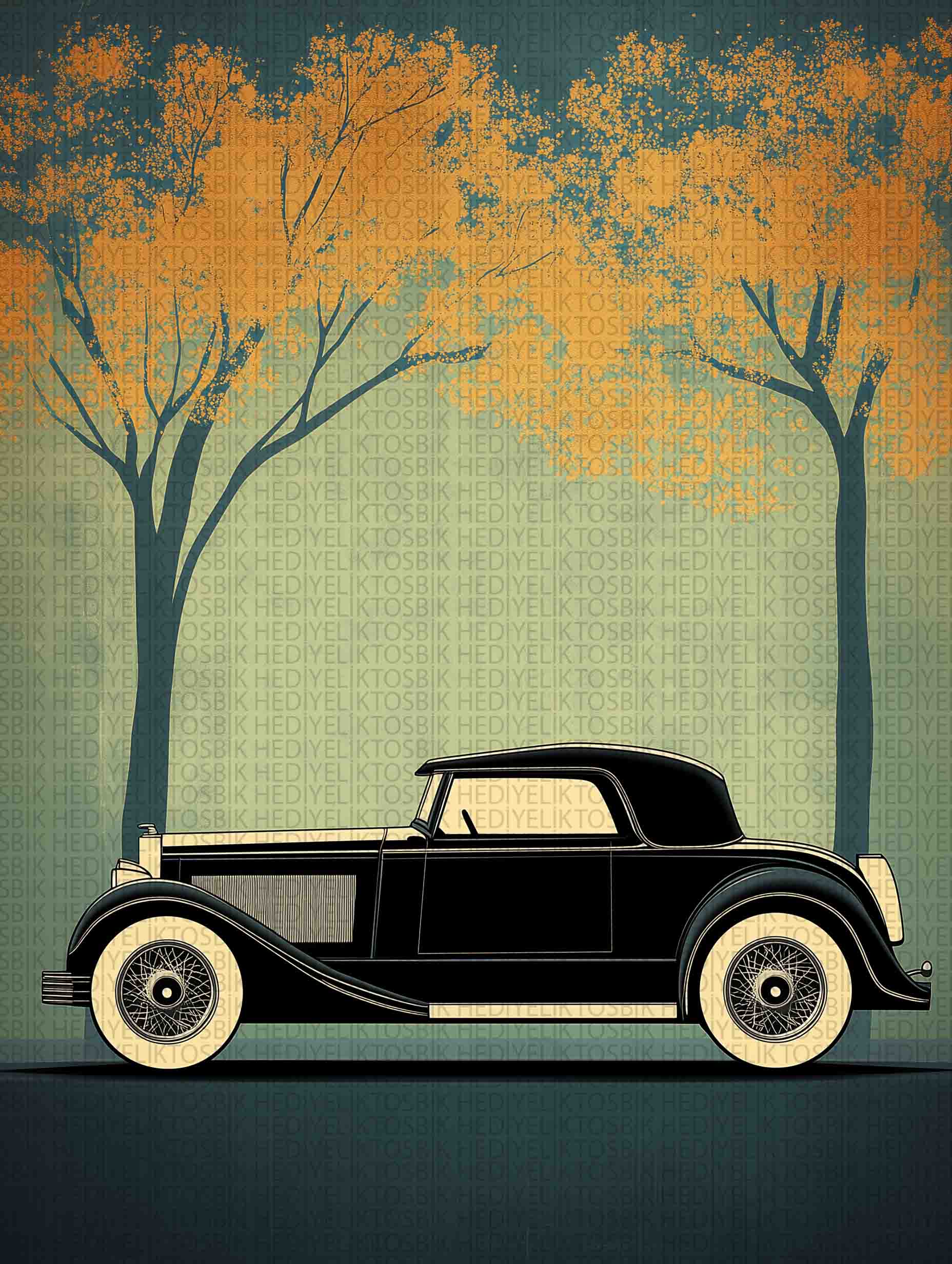Sonbaharda Klasik Araba – Minimalist Ahşap Poster
