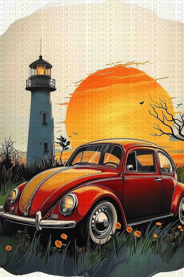 Gün Batımında Vosvos – Retro Sahil Temalı Ahşap Poster