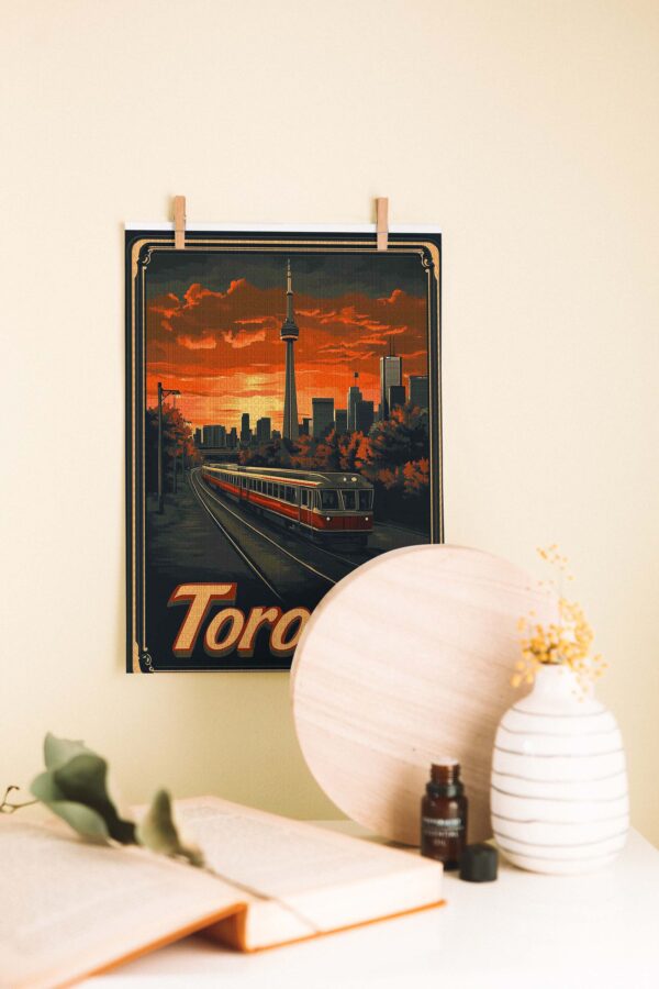 Retro Toronto – Şehir Silüeti ve Tren Temalı Ahşap Poster