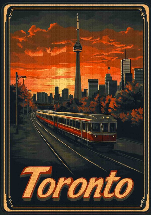 Retro Toronto – Şehir Silüeti ve Tren Temalı Ahşap Poster