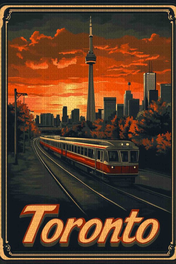 Retro Toronto – Şehir Silüeti ve Tren Temalı Ahşap Poster