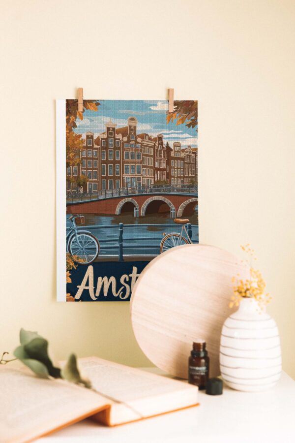 Amsterdam Kanalları – Retro Bisiklet Temalı Ahşap Poster