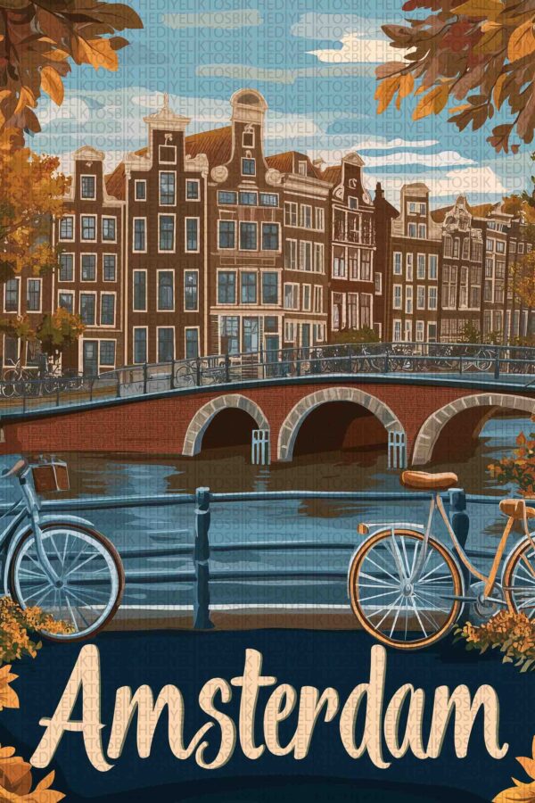 Amsterdam Kanalları – Retro Bisiklet Temalı Ahşap Poster