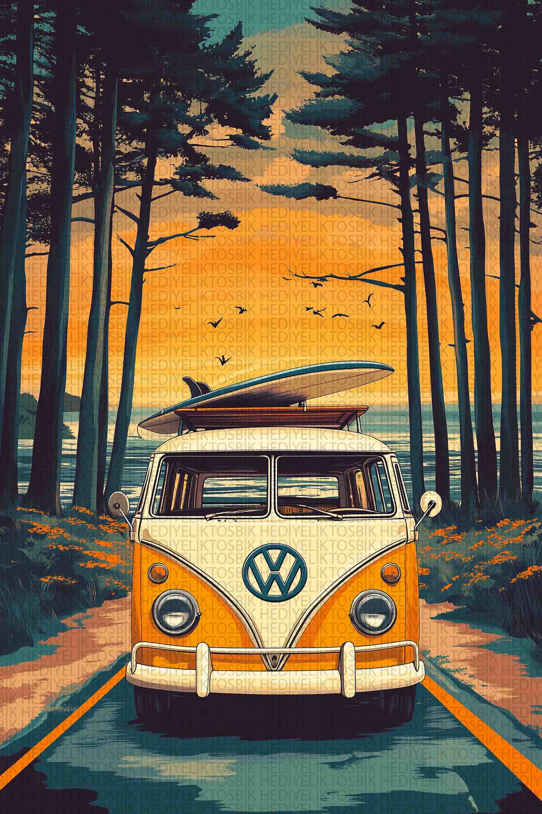 Sörf ve Özgürlük – Retro Volkswagen Minibüs Ahşap Poster