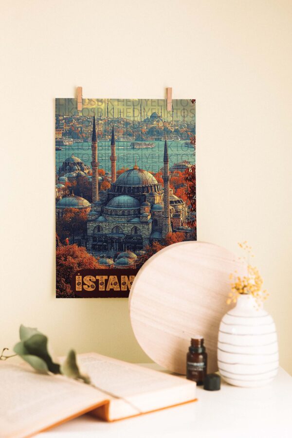 İstanbul Silüeti – Retro Sonbahar Temalı Ahşap Poster